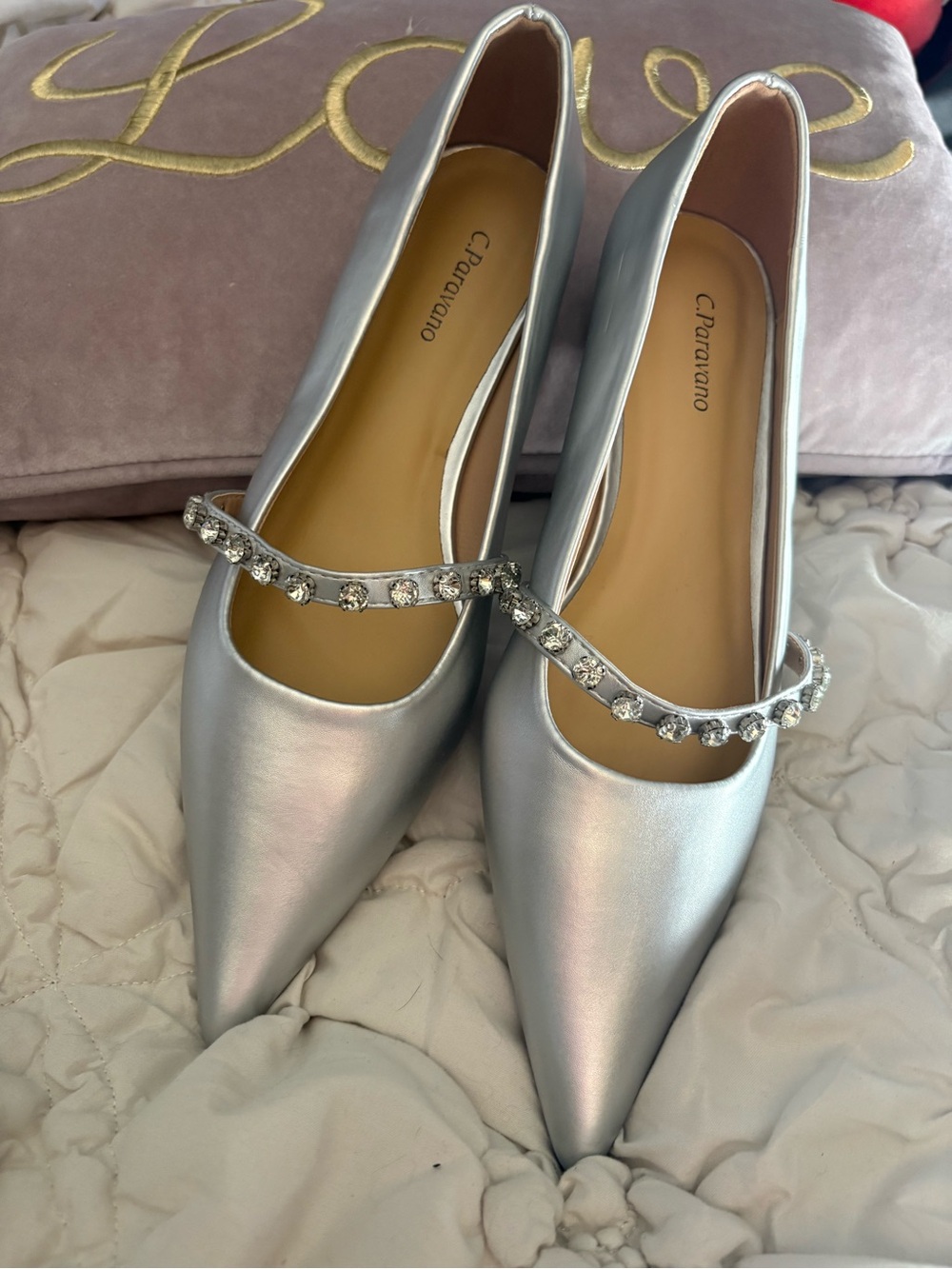 Silver Pointed Toe Mary Jane Flats with Crystal Strap Size 40